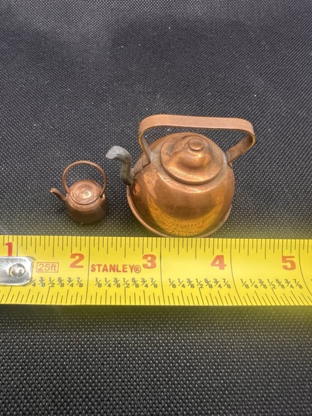 Vintage Copper Mini Kettle 1.5” D and Dollhouse Size Mini Kettle .5” D Teapots - Picture 3 of 12